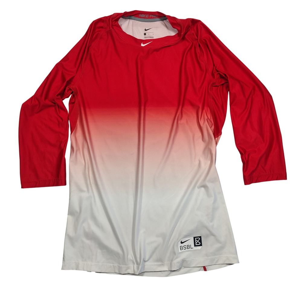 Nike Pro Baseball Shirt Mens Large Red White Ombre 3/4 Sleeve Polyester Blend